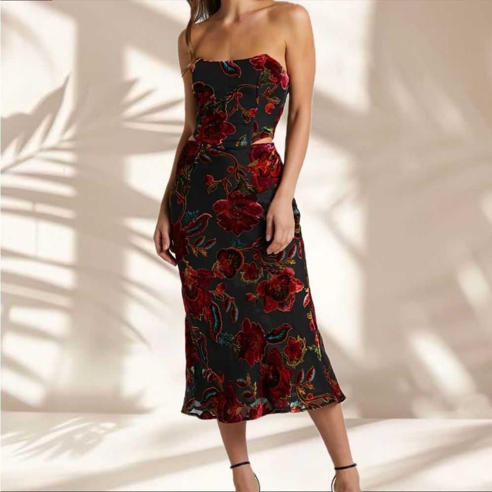 NATACHIA TWO PIECE SET - CORSET TOP AND MIDI SKIRT BURNOUT SET IN BLACK FLORAL